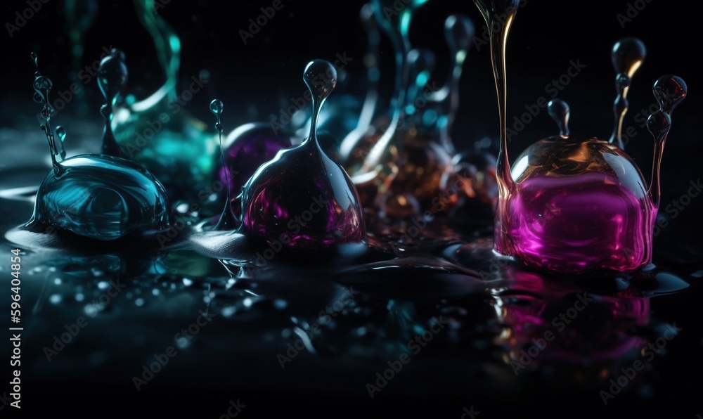 Poster a group of colorful glass objects sitting on top of a table. generative ai