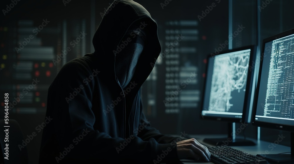 Aufkleber a person in a hooded sweatshirt is using a computer at night. generative ai