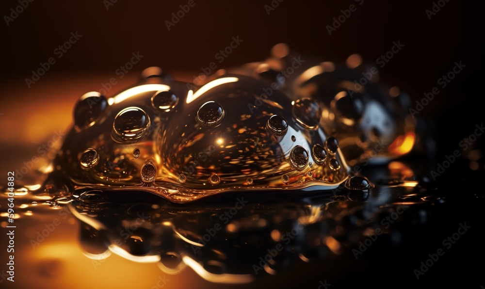 Poster a close up of some liquid on a surface with a black background. generative ai