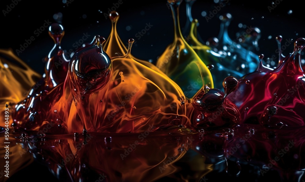 Poster a group of different colored glass bottles with water on them. generative ai