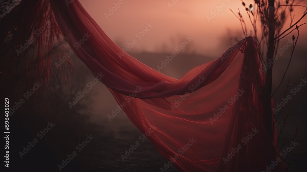 Poster a red cloth hanging from a tree in a foggy field. generative ai