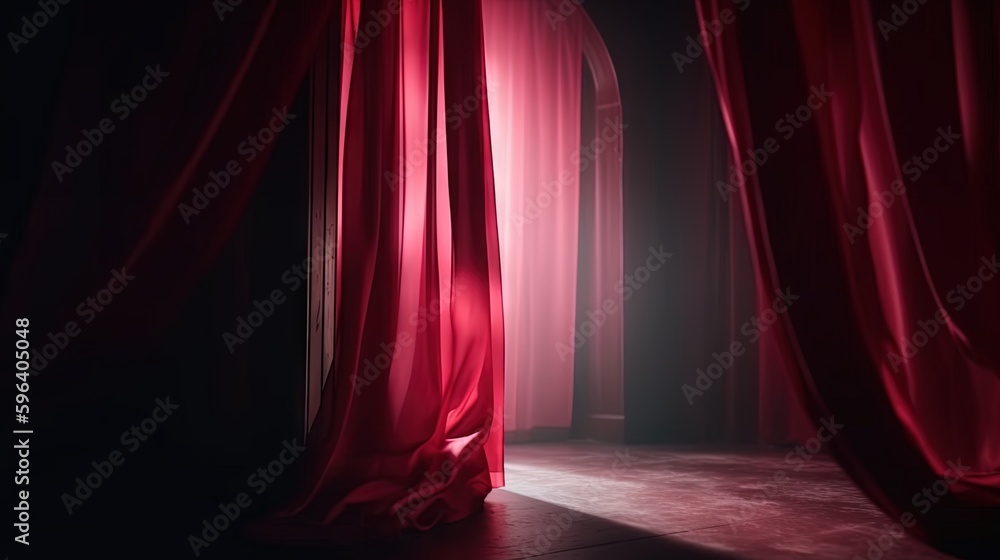 Poster a red curtain in a dark room with a light shining through it, creating a dramatic effect the floor i