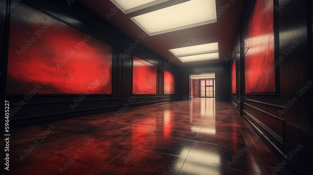 Poster a long hallway with red walls and a large window in the center. generative ai