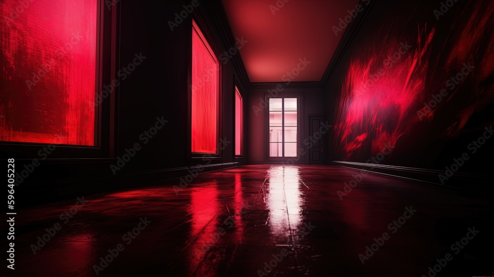 Poster a room with red curtains and a red light coming through the window. generative ai