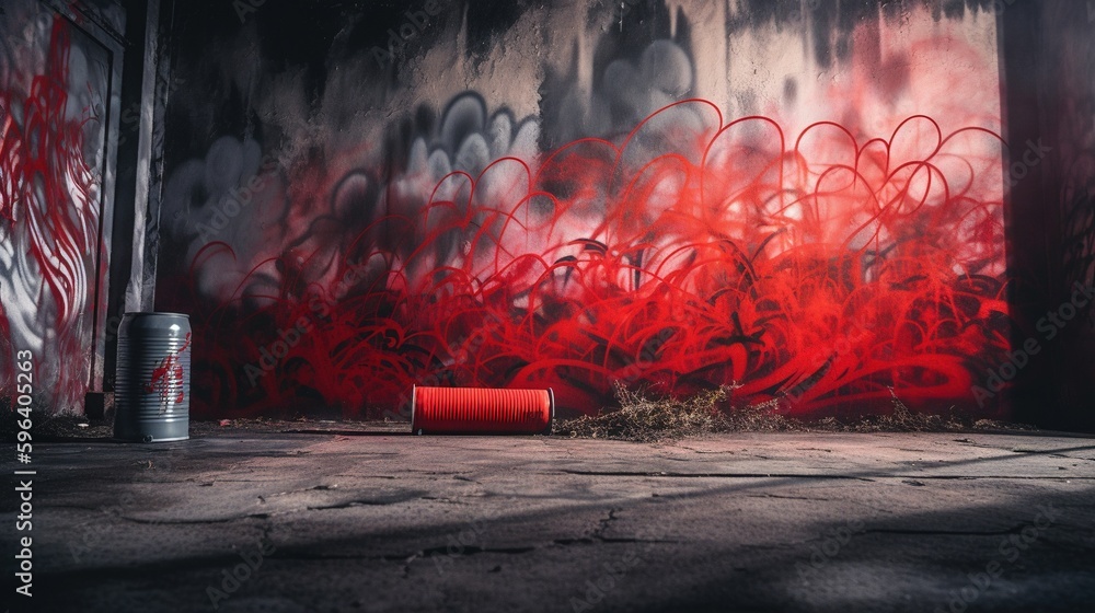 Poster a red barrel sitting in front of a wall with graffiti on it the floor is visible at the bottom of th