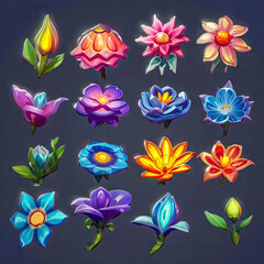 Fototapeta na wymiar Set of fantasy colorful flowers, isolated. 2d casual game asset, juicy colors. Differents shapes and colors. Mobile game assets made with Generative AI
