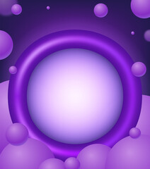 Background with purple round plastic banner and floating balls