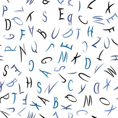 Seamless pattern with light blue vector latin alphabet. Modern geometric illustrations with English ABC symbols. Texture for interior textiles, wallpaper, paper. isolated on white background