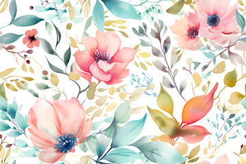 Beautiful seamless watercolor floral pattern, ai generative illustration