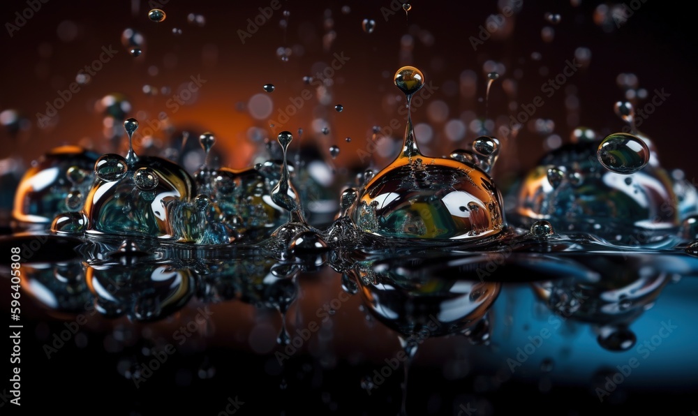 Poster a group of water droplets floating on top of a black surface. generative ai
