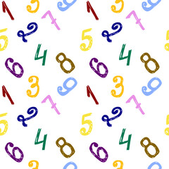Seamless school pattern - Number 1, 2, 3, 4, 5, 6, 7, 8, 9, 0. Hand drawing number signs, multicolored bright numbers. For printing on children's fabric, wallpaper, paper, notebook cover.