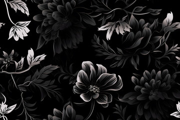 Black and white seamless abstract beauty flowers, ai generative illustration
