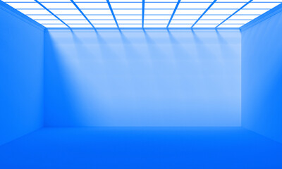 Blue empty room exhibition with light in the roof.