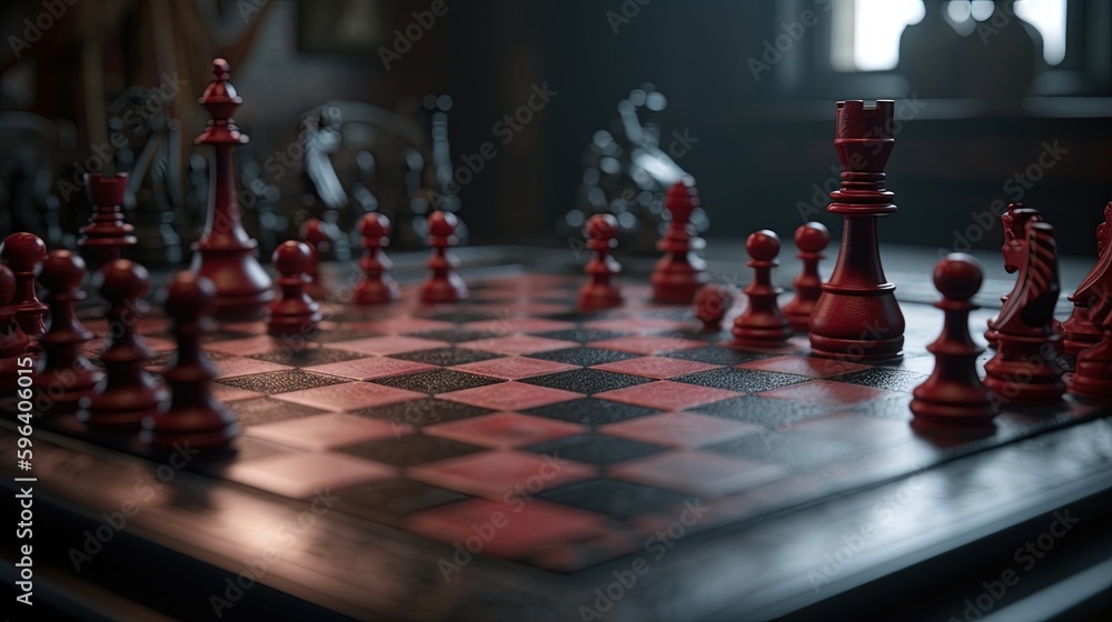 Poster a close up of a chess board with pieces on it. generative ai