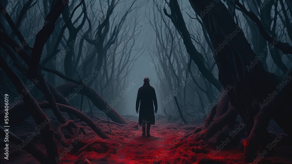 Poster a man standing in the middle of a forest with red light. generative ai