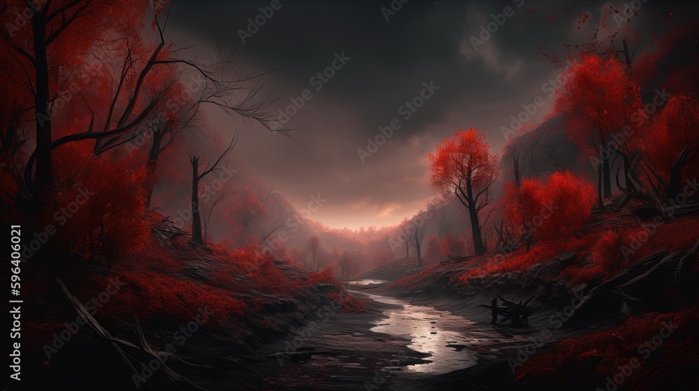 Poster a painting of a river in a forest with red trees. generative ai