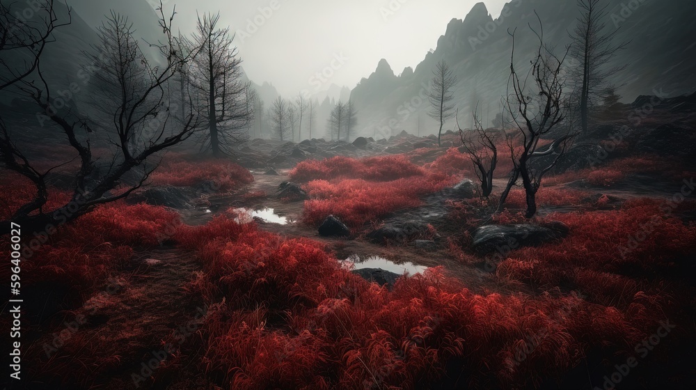 Poster a foggy forest with red grass and trees in the foreground. generative ai