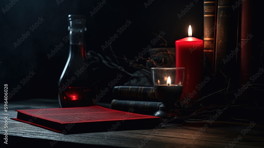 Poster a book and a candle on a table with books in the background. generative ai