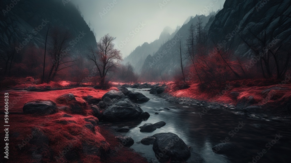 Poster a stream running through a forest filled with red grass and rocks. generative ai