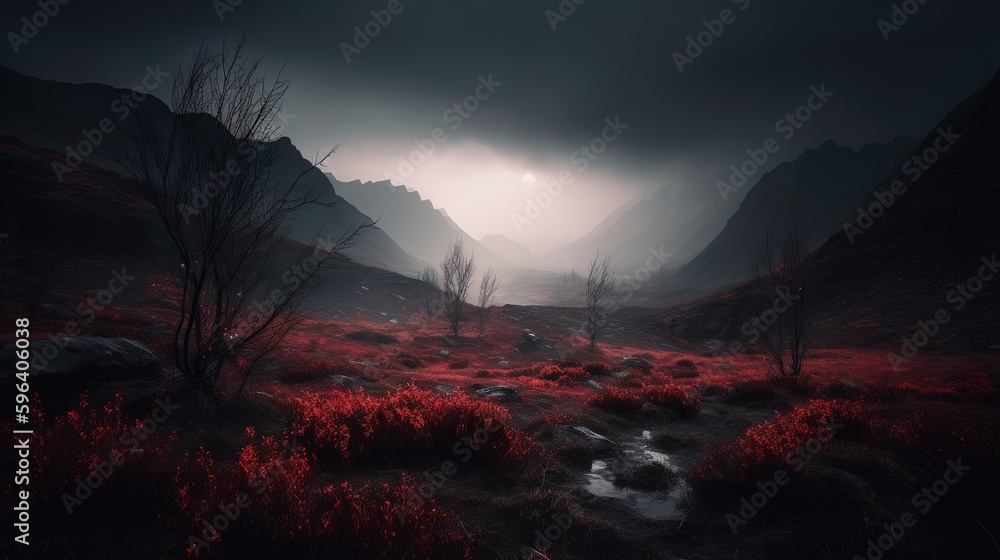 Poster a dark landscape with a stream running through the middle of it. generative ai