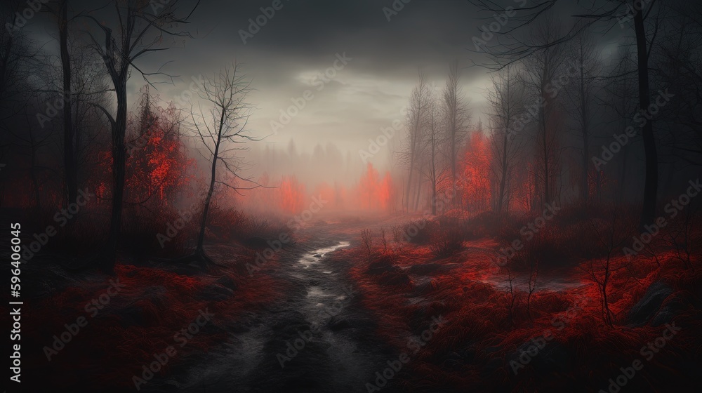 Poster a painting of a dark forest with a stream running through it. generative ai