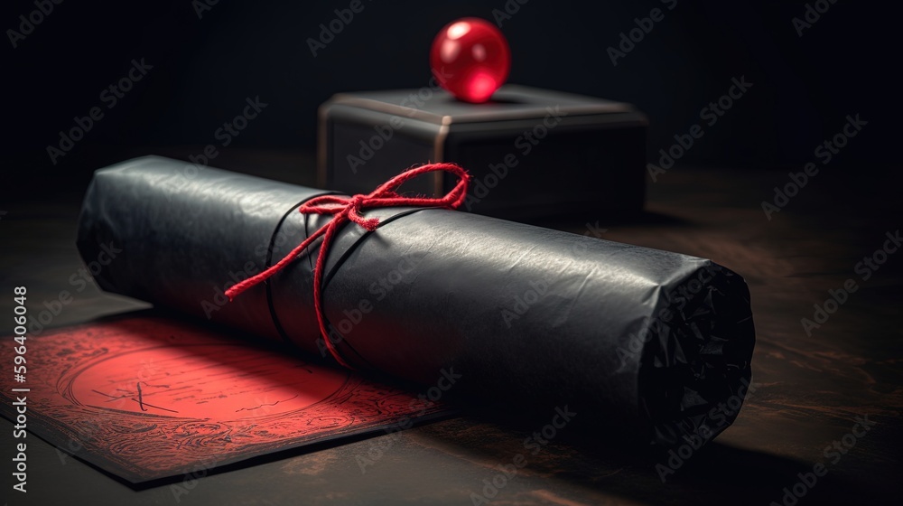 Aufkleber a rolled up piece of paper with a red string tied around it. generative ai