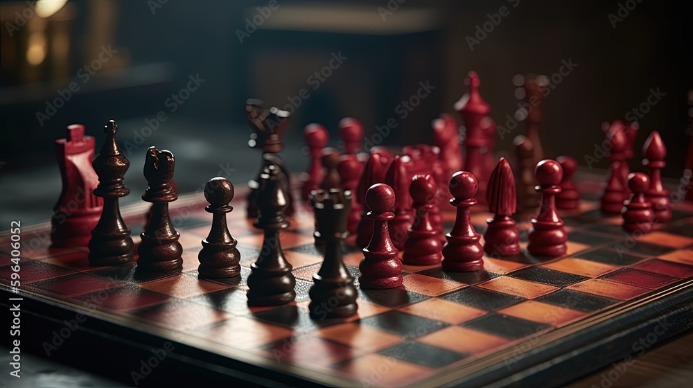 Poster a close up of a chess board with pieces on it. generative ai