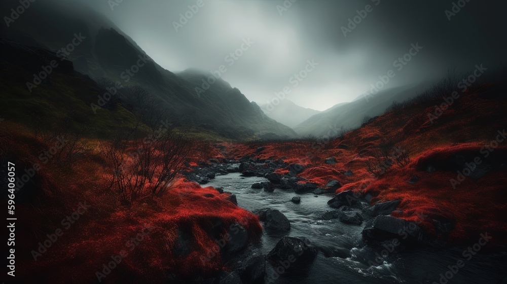 Poster a stream running through a lush green valley under a cloudy sky. generative ai