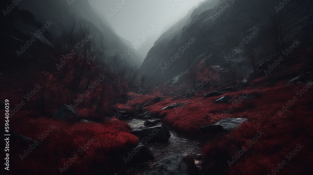 Poster a stream running through a lush green forest filled with red grass. generative ai