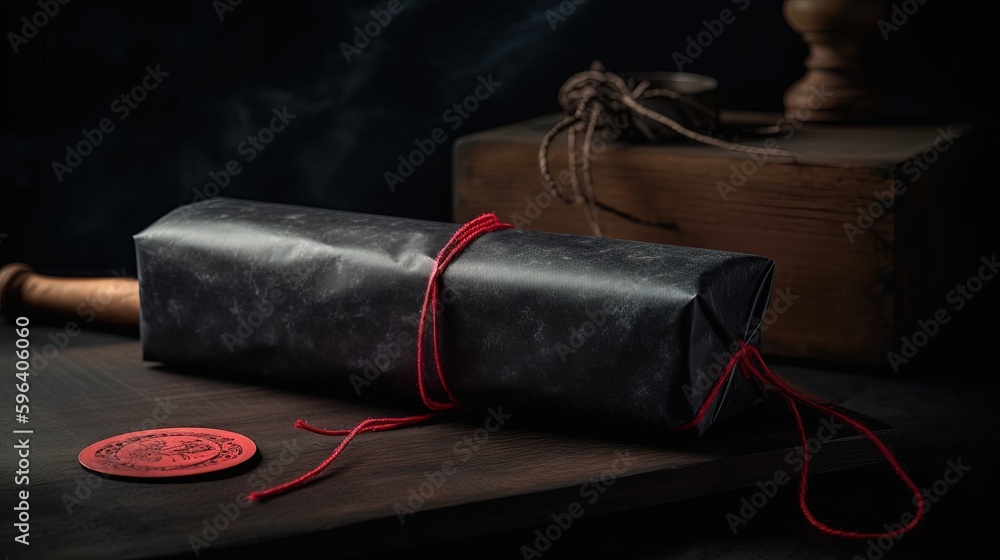 Aufkleber a roll of leather wrapped in red string on a wooden table. generative ai