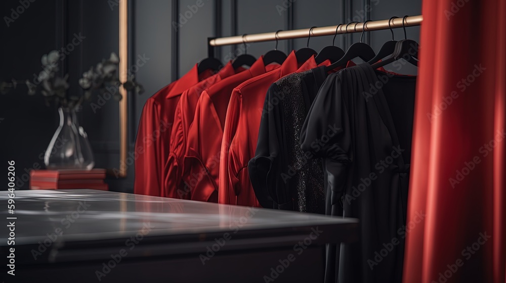 Poster a row of red shirts hanging on a rack next to a table. generative ai
