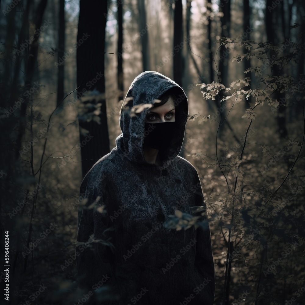 Poster a person in a hooded jacket in a forest with trees. generative ai
