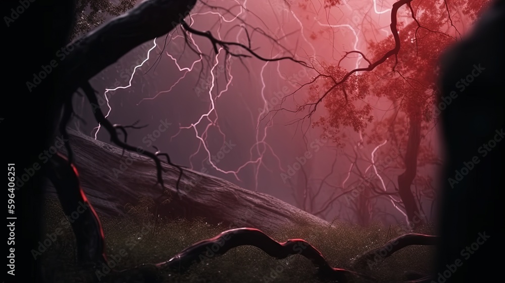 Poster a red light shines through the branches of a tree. generative ai
