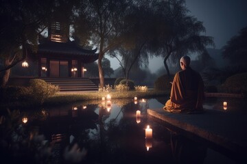 Zen temple with monk meditating. Generative AI.	 - obrazy, fototapety, plakaty