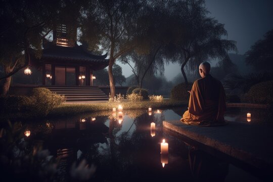 Zen temple with monk meditating. Generative AI.	