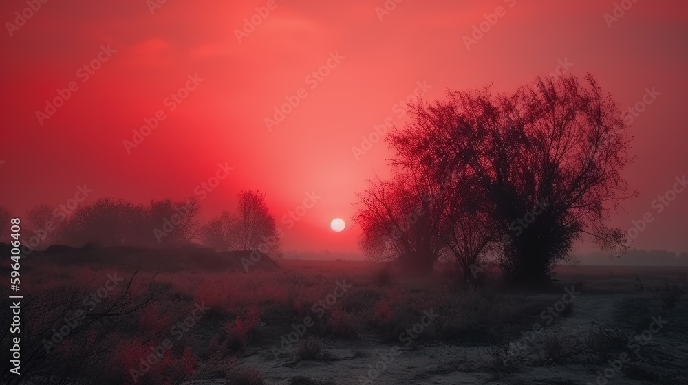 Poster the sun is setting over a field with trees in the foreground. generative ai