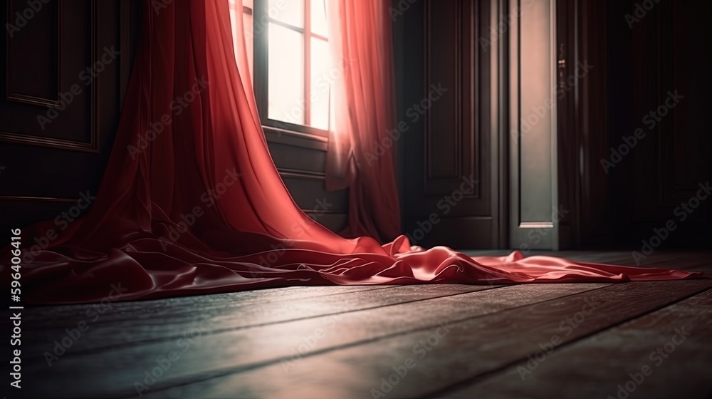 Aufkleber a red curtain is blowing in the wind in front of a window