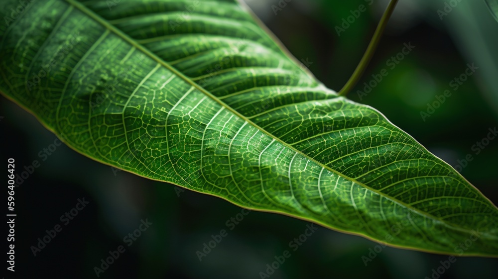 Poster a close up of a green leaf on a tree branch. generative ai