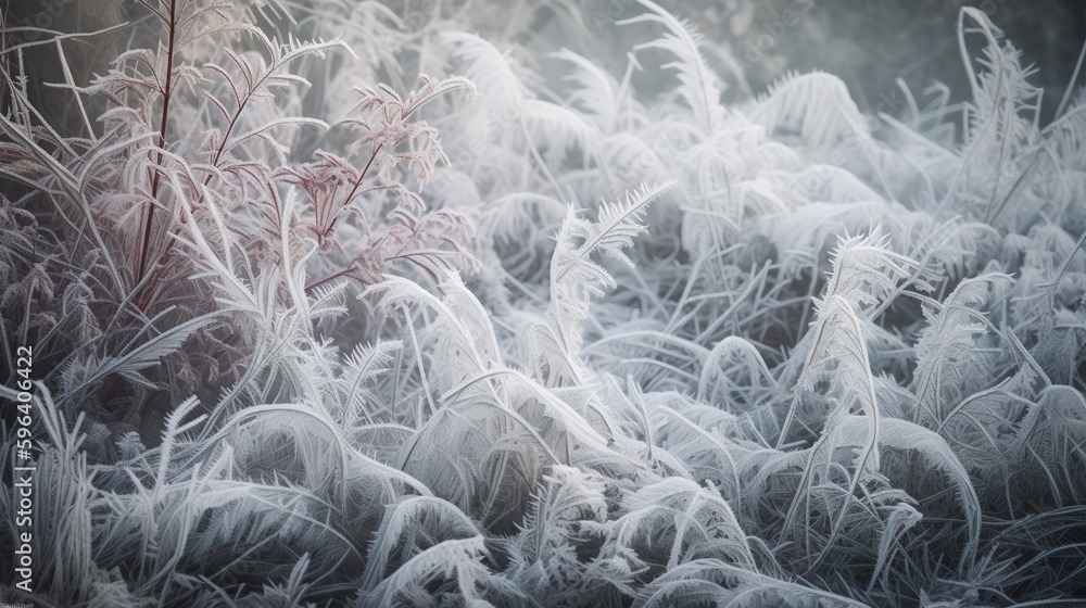 Poster frosted grass and plants in a field with a dark background. generative ai