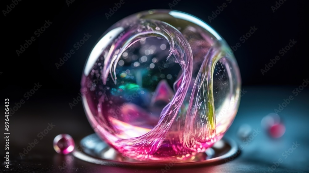 Poster a glass ball with a swirl inside of it on a table. generative ai