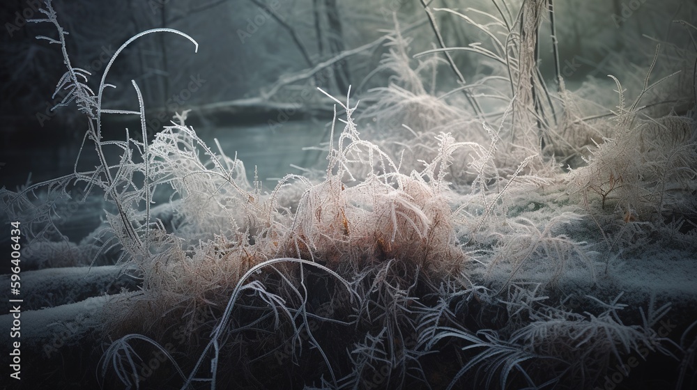 Poster frosted grass and trees in a forest with a river in the background. generative ai
