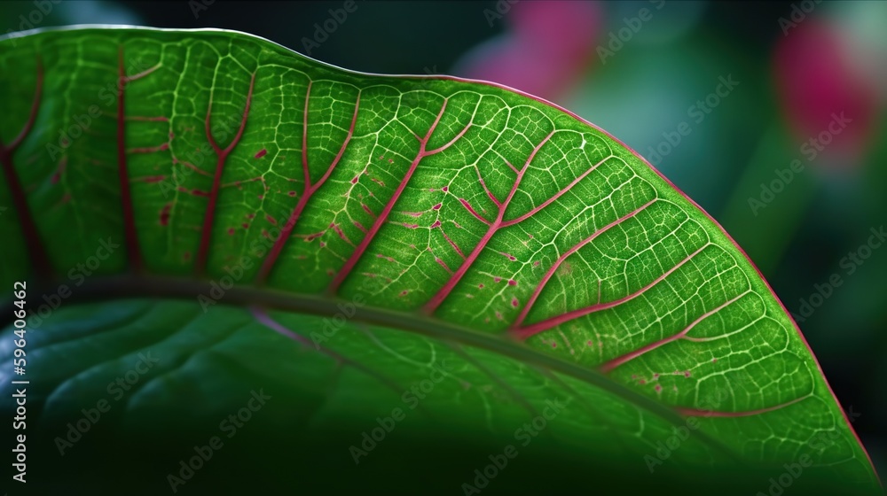 Poster a close up of a green leaf with red lines on it. generative ai
