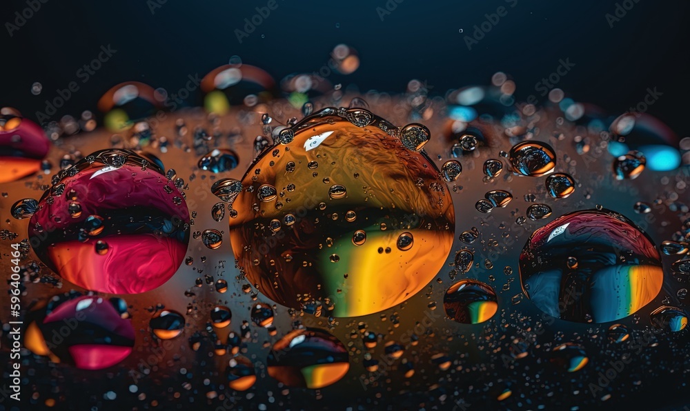 Poster a group of colorful balls sitting on top of a wet surface. generative ai