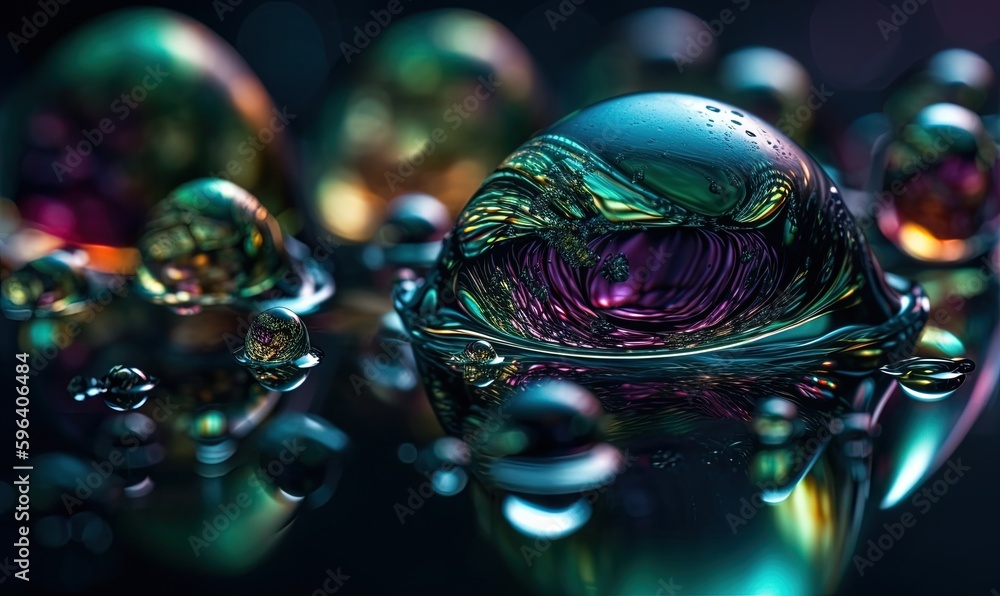 Poster a group of bubbles floating on top of a black surface. generative ai