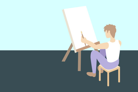 Boy sitting on a chair with brush in hand. Young boy in front of empty canvas.