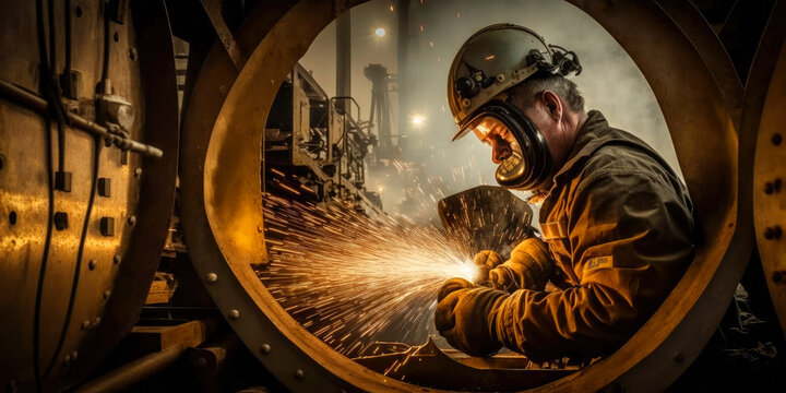 worker welds the metal hull of the ship in the shipyard , Ai generative