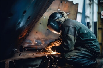Obraz na płótnie Canvas worker welds the metal hull of the ship in the shipyard , Ai generative