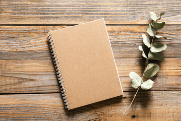 Top view of notebook in a cardboard cover from recycling, and a branch of eucalyptus on a wooden background, top view, copy space. Concept of environmental protection.