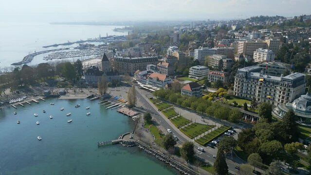 City of Lausanne from above on a sunny day - aerial view by drone