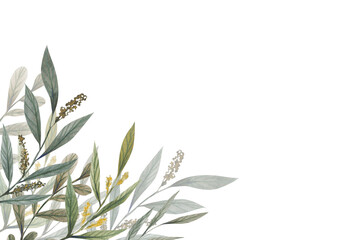 Herbal minimalist watercolor background. Hand painted plants, branches, leaves on a white background. Greenery wedding simple invitation template. Watercolor style card.